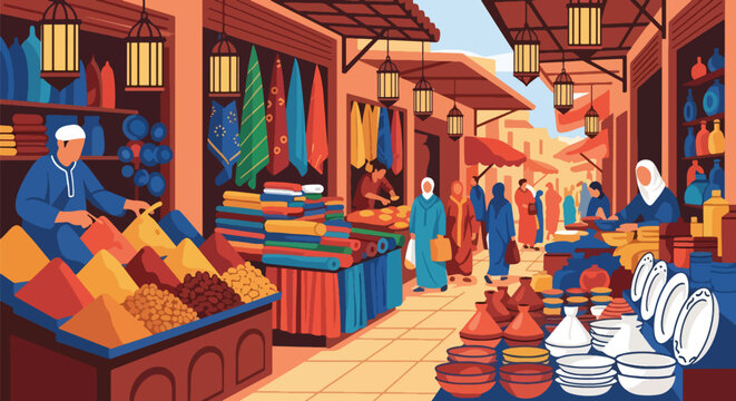 Flat vector scene of a lively Middle Eastern souk with vendors selling spices, fabrics, pottery, and dates. Solid colors, no gradients, cultural marketplace lifestyle illustration