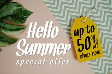 Hello Summer Sale 50% with Price tag and summer decorations on yellow background
