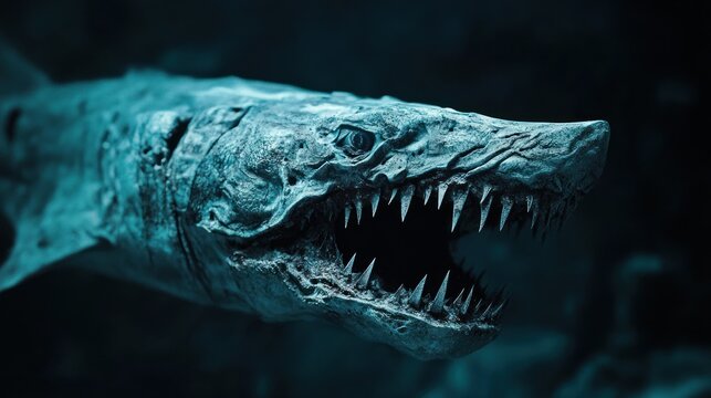 Goblin Shark, its protruding jaws made of ancient, fossilized bone, skin like pale, deep-sea clay, surreal abyssal horror texture, faint, eerie bioluminescence