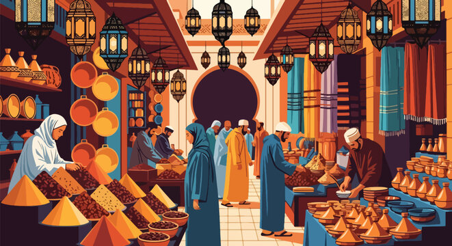 Flat vector scene of a lively Middle Eastern souk with vendors selling spices, fabrics, pottery, and dates. Solid colors, no gradients, cultural marketplace lifestyle illustration