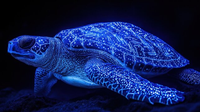 Leatherback Sea Turtle, its leathery shell inscribed with glowing, ancient oceanic runes, surreal mystical navigator texture, deep blue bioluminescent light