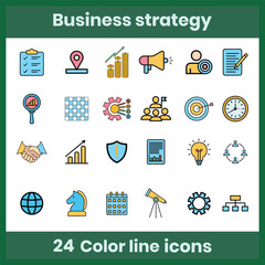 Color line icon set illustrating key business strategy concepts such as planning, growth, marketing, teamwork, analytics, goals, creativity, and productivity. Ideal for apps, web design, infographics.