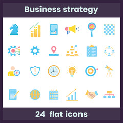 Modern flat icon set featuring essential business strategy elements, including planning, growth, analysis, teamwork, marketing, goals, leadership, productivity, and management. Perfect for web, apps.