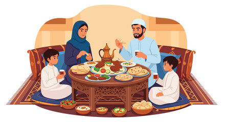 Flat vector Middle Eastern family sitting on floor around low table sharing traditional food. Solid warm colors, no gradients, cultural family dining lifestyle illustration
