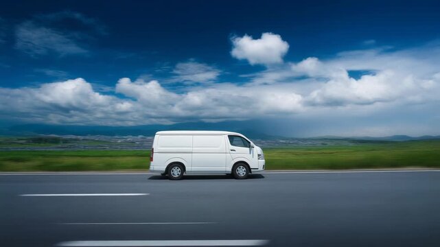 White delivery van driving on a scenic road under a clear blue sky