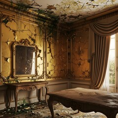 A dilapidated room with peeling paint, cracked walls, and an old ornate mirror reflecting a decayed interior, illuminated by natural light from a nearby window with heavy curtains