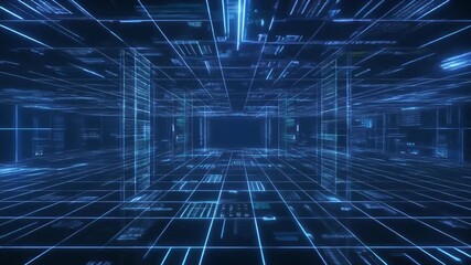 Motion graphic of Blue data matrix simulation digital line and grid technology with futuristic HUD screen on ai abstract background concept