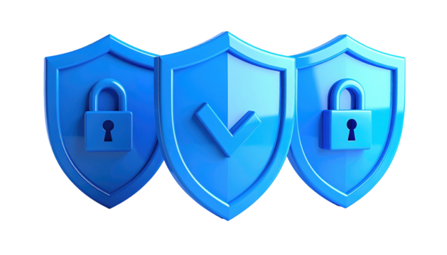Three blue shield icons, two with padlocks and one with a checkmark, represent security in a digital space