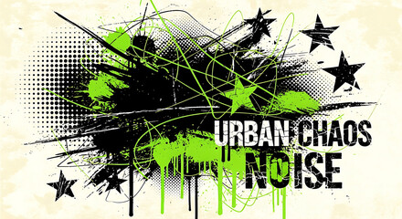 Black and green abstract paint splatters with stars and text background bright