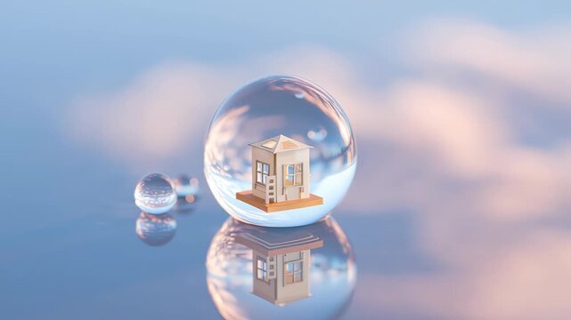 tiny house placed inside transparent water droplet, dreamy minimal surreal composition
