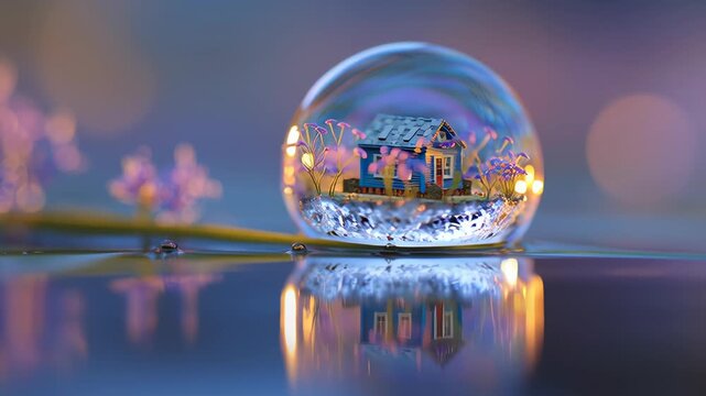 tiny house placed inside transparent water droplet, dreamy minimal surreal composition