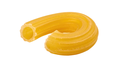 Close-up photo of a curved elbow macaroni noodle with ridged texture, isolated on black