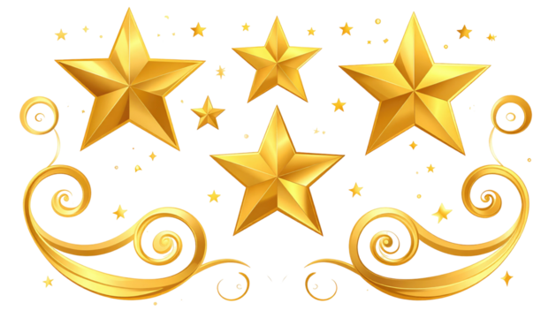 Glimmering golden stars arranged with swirling golden designs against a black backdrop, twinkling with festive cheer