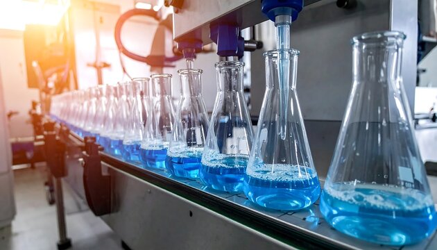 A production line automates filling of flasks with a vibrant blue liquid. The sunlight suggests precision and industrial efficiency