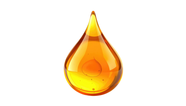 Symmetrical amber liquid drop; golden sheen on the surface, with a small air bubble inside. Black background