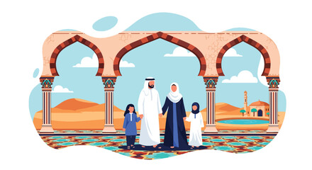 Flat vector people walking across mosque courtyard with arches, domes, and decorated tiles. Solid soft colors, no gradients, peaceful Middle Eastern lifestyle scene