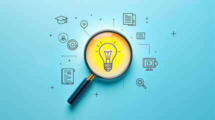 Searching for ideas concept finding solutions with magnifying glass and lightbulb on blue background