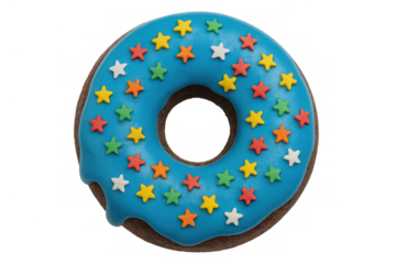 Donut with vibrant blue frosting and colorful star sprinkles, sweet baked dessert for celebrations and parties