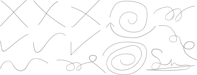 Obraz premium Crayon pencil hand drawn various rectangle, circle, chalked arrows, check marks and cross sign. Scribble sketch line element in hand drawn black marker. Vector illustration
