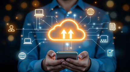 Cloud computing technology concept with mobile phone for data storage and network connection solution