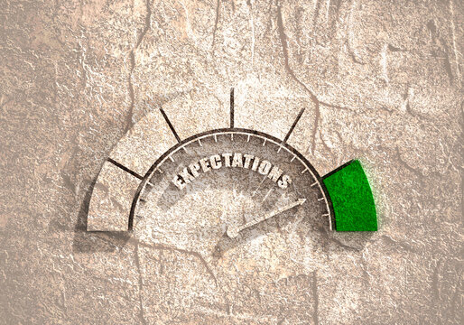 A speedometer with the word expectations represents the surpassing of expectations of the people you deal with, whether they are customers, superiors or others who need things from you.