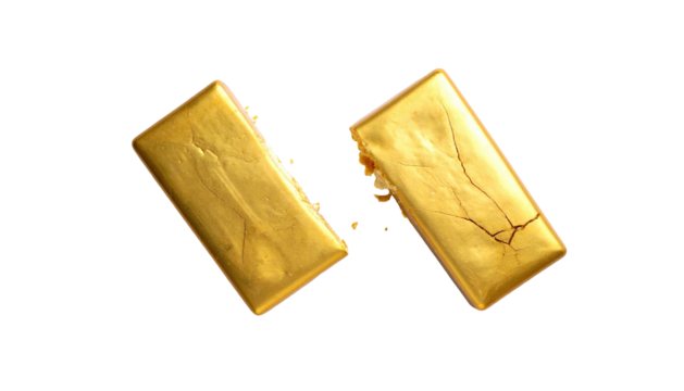 Two shiny golden rectangles with textured surfaces on a dark background, one slightly broken, suggesting foil