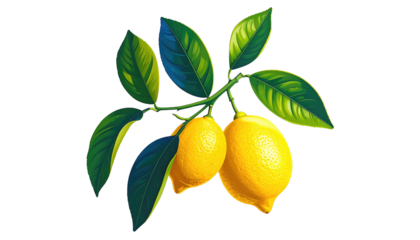 Two vibrant lemons hang from a leafy branch against a stark black background, bathed in natural light