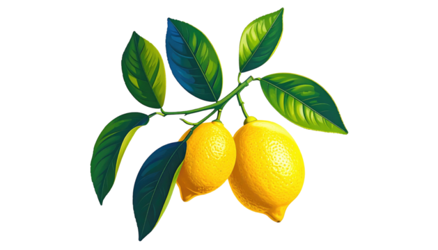Two vibrant lemons hang from a leafy branch against a stark black background, bathed in natural light