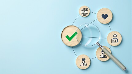 Quality control process improvement strategy with magnifying glass and check mark for business audit