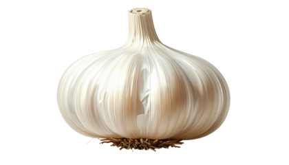 A single bulb of garlic, illuminated with shadows, isolated against a pure black background