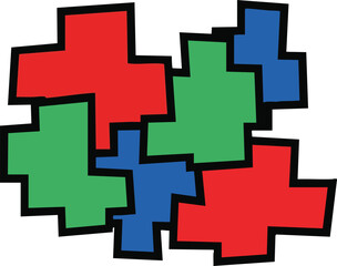 Abstract composition of interlocking plus shapes in red green and blue with black outlines on white background