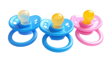 Three pacifiers, blue, blue, and pink, sit against a black background, glossy and plastic
