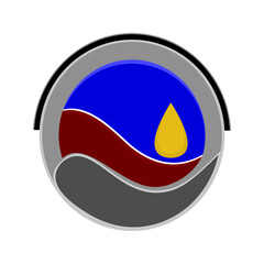 Modern circular emblem featuring an oil drop, fluid waves, and bold geometric layers in blue, red, grey, and gold, symbolizing energy, industry, and sustainability in a clean vector style.