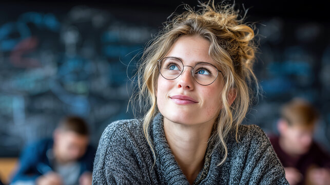 Young woman with curly hair and glasses contemplating in a cozy classroom setting