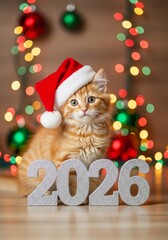 Obraz premium Adorable Kitten Celebrates Christmas 2026 - Orange tabby kitten wears a Santa hat next to silver 2026 numbers. Symbolizing new year, joy, pet, future, holidays