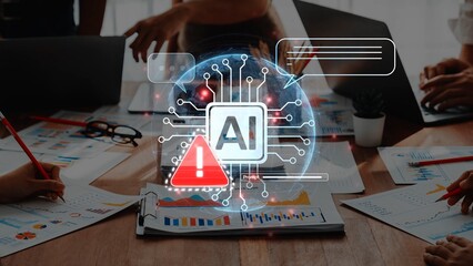 A team engages with artificial intelligence technologies while analyzing data visualizations in a modern office. This image captures the essence of collaboration and innovation. Raster