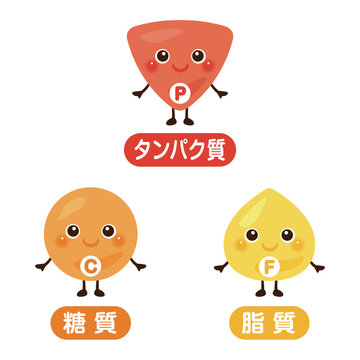 三大栄養素のキャラクターイラストセット　日本語／Macronutrient Character Illustration Set with Japanese Text - Carbohydrates, Protein, and Fat
