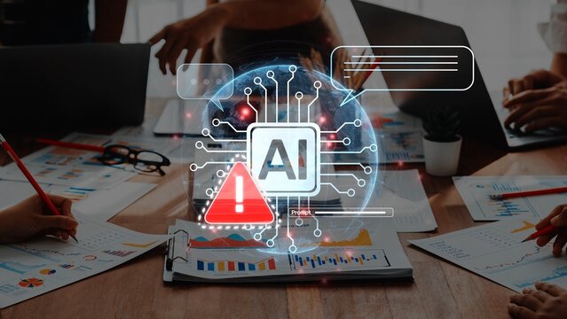 A team engages with artificial intelligence technologies while analyzing data visualizations in a modern office. This image captures the essence of collaboration and innovation. Raster