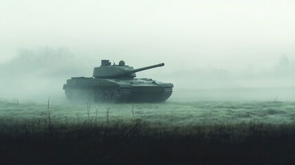 Fototapeta premium A tank is driving through a foggy field