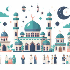 Illustration of people in front of a mosque with Islamic symbols
