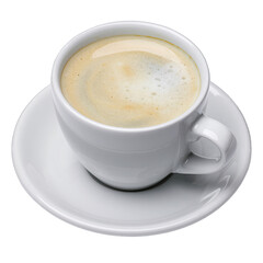 Fototapeta premium White ceramic cup filled with frothy coffee served on a matching saucer isolated on a transparent background with soft lighting highlighting the beverage