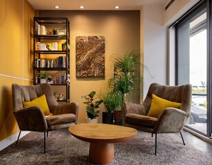 Stylish yellow lounge with natural light and clean design