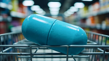 Large blue capsule in shopping cart concept, Medicine and healthcare shopping metaphor, Pharmaceutical pill in grocery store aisle

