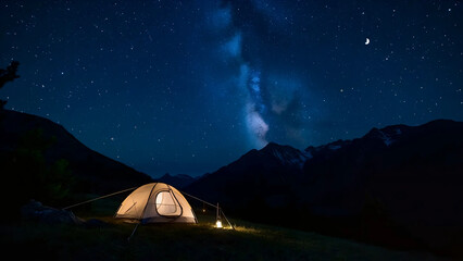 Night camping under starry sky in mountains, Tent illuminated under Milky Way, Peaceful outdoor adventure under stars
