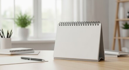 Blank Calendar on Desk - A clean desk with a blank calendar, notebook, and pen, perfect for planning and organizing