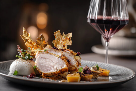 Gourmet turkey breast plated with gold leaf, microgreens, and cranberry sauce. Elegant Thanksgiving dinner, luxury fine dining, Michelin star holiday meal presentation