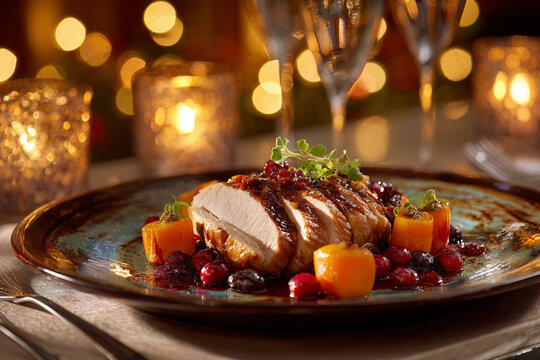 Gourmet turkey breast plated with gold leaf, microgreens, and cranberry sauce. Elegant Thanksgiving dinner, luxury fine dining, Michelin star holiday meal presentation