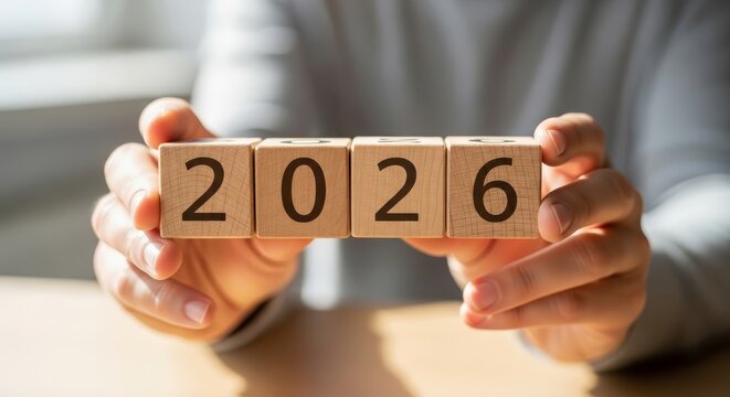 Blocks Displaying the Year 2026 - Person holding wooden blocks displaying the year 2026, representing future planning, new year, or target achievement