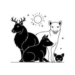 A black deer a white dog a black dog and a black puppy under the sun