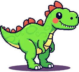 Fototapeta premium A charming pixelated dinosaur illustration, perfect for children's designs, featuring a friendly, smiling Tyrannosaurus Rex in vibrant green colors.